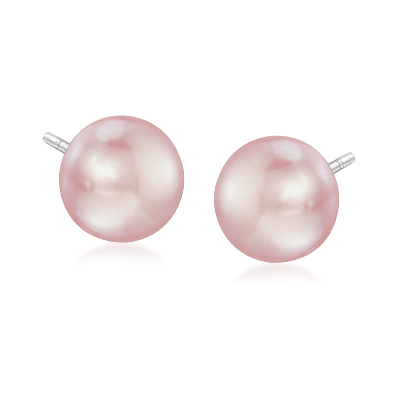 Cultured pearl stud earrings, pink round pearls with sterling silver posts
