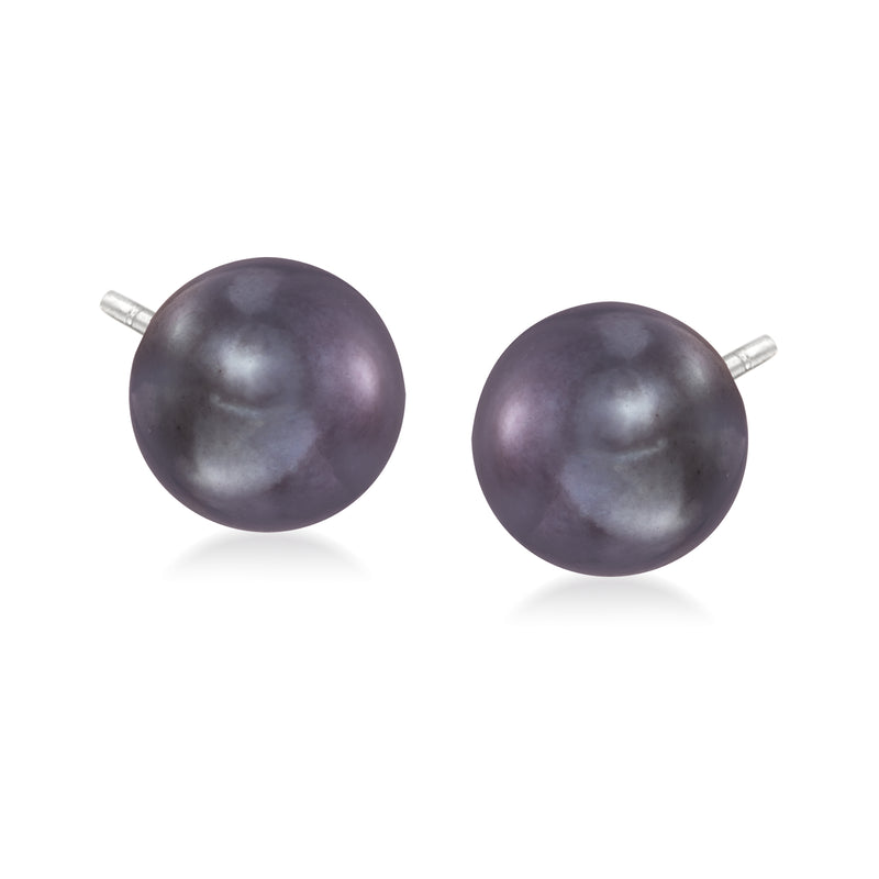 Cultured pearl stud earrings, dark purple round pearls with sterling silver posts