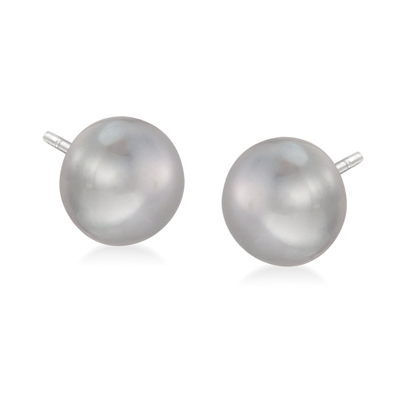 Cultured pearl stud earrings, silver-gray round pearls with sterling silver posts