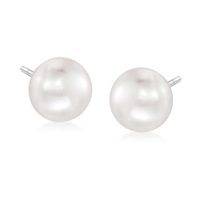 Cultured pearl stud earrings, white round pearls with sterling silver posts