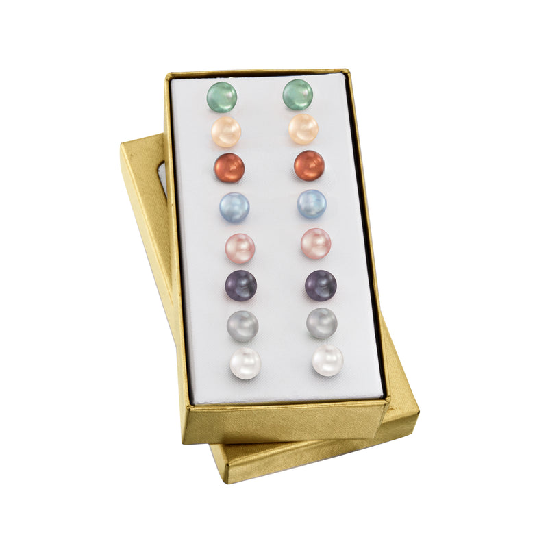 Cultured pearl stud earring set in gold box with multicolor pearls and silver posts