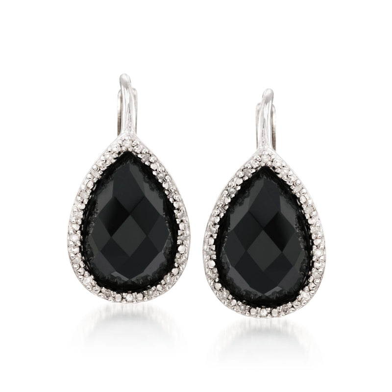 Sterling silver leverback drop earrings, black onyx teardrop with diamond halo