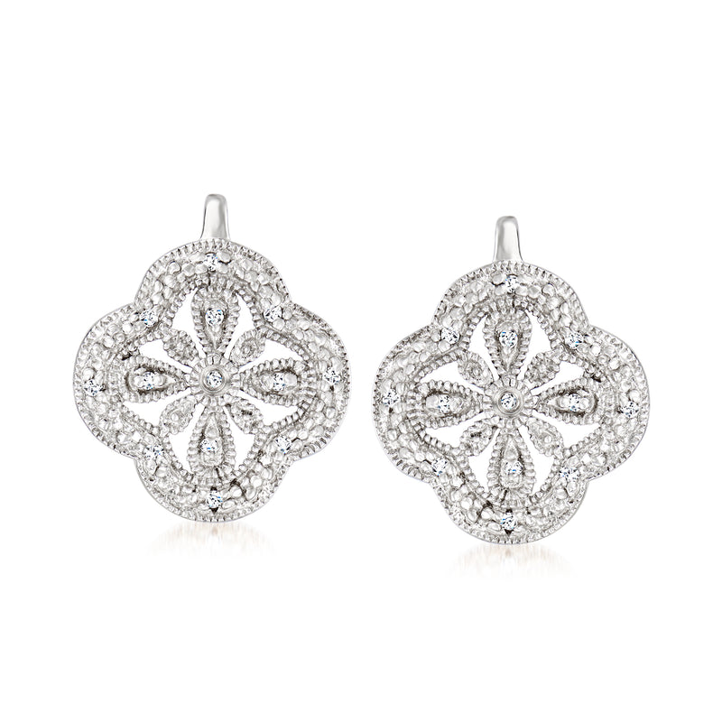 Sterling silver clover drop earrings with openwork diamond accents