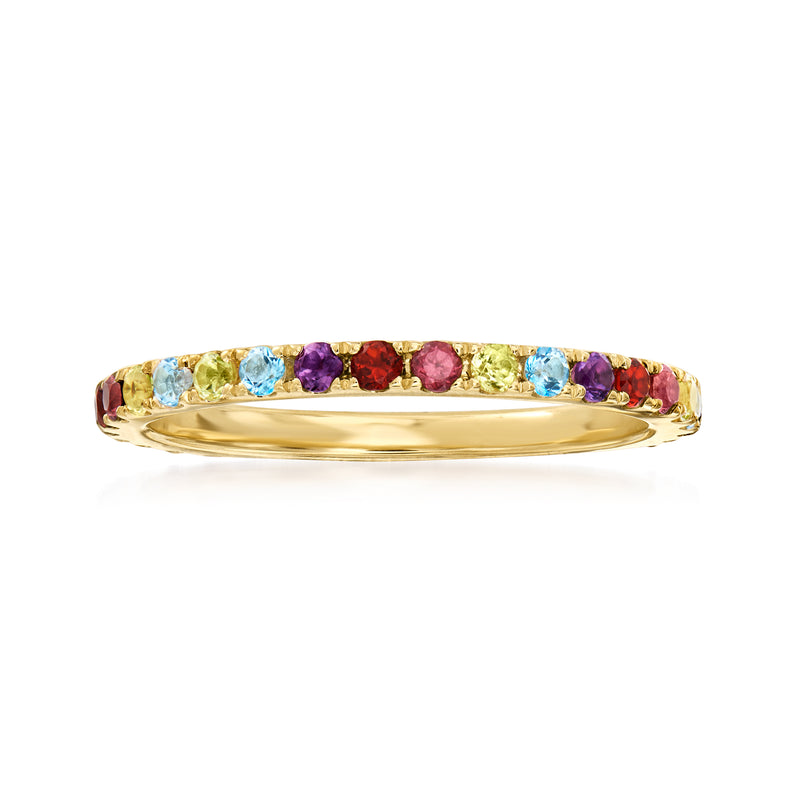 14kt yellow gold eternity band with multi-color gemstones, blue purple and red stones