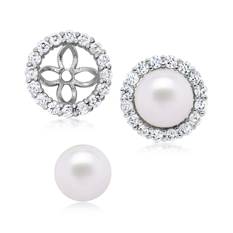 Cultured pearl stud earrings with CZ halo jackets, sterling silver, floral cutout