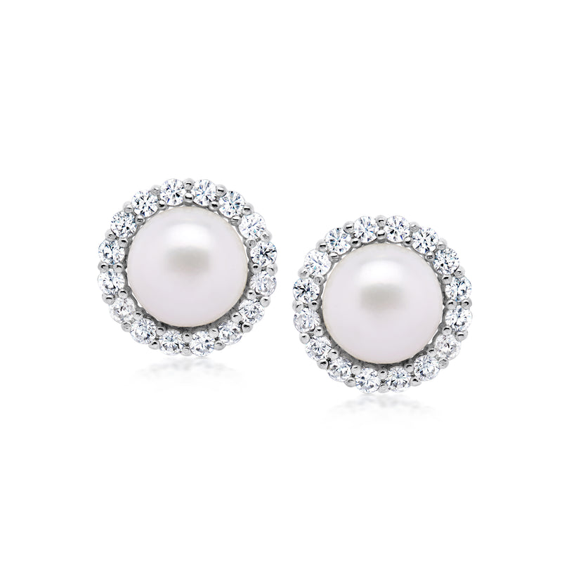 Cultured pearl stud earrings with sparkling CZ halo borders and silver settings