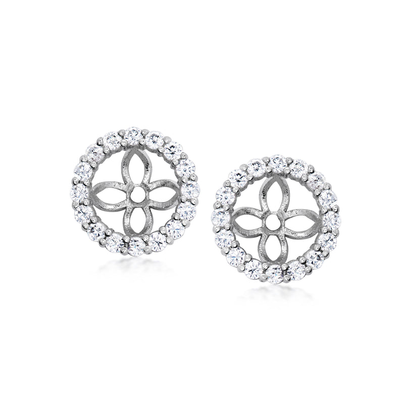 Sterling silver CZ earring jackets with floral cutout centers, round halo design