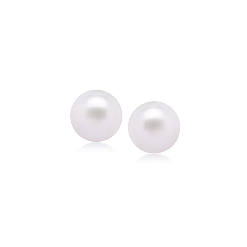 Cultured pearl stud earrings, round white pearl with sterling silver posts