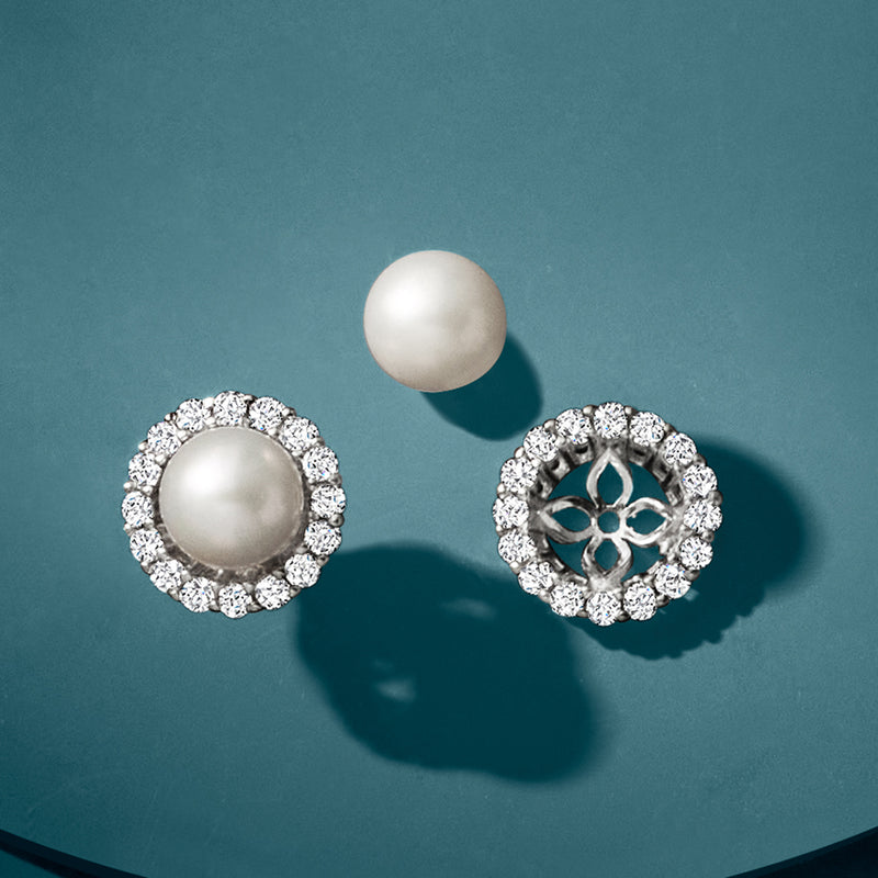 Cultured pearl stud earrings with CZ halo jackets and floral cutout centers