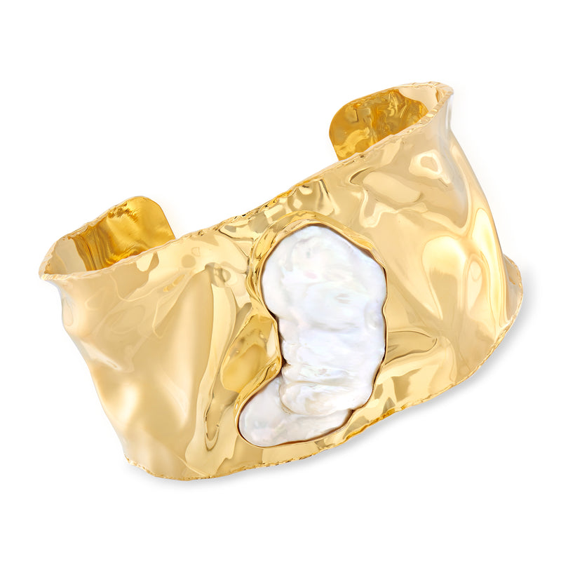Gold over sterling cuff bracelet with hammered texture and baroque pearl center