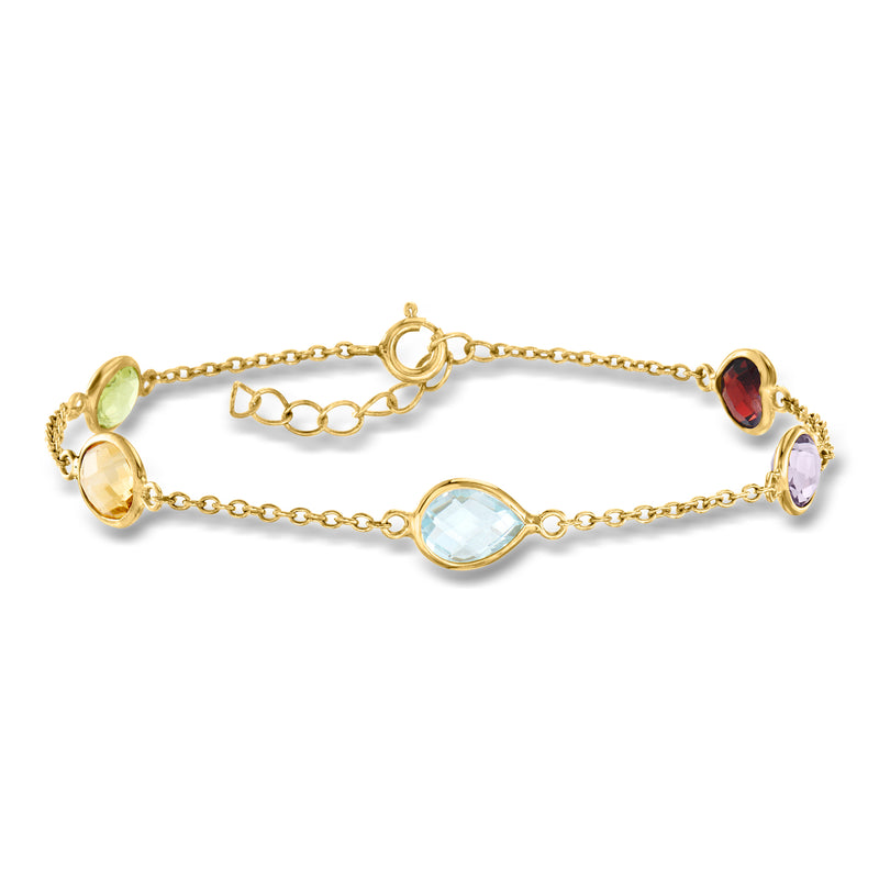 Gold-tone station bracelet with oval multicolor gemstones and link chain, round clasp