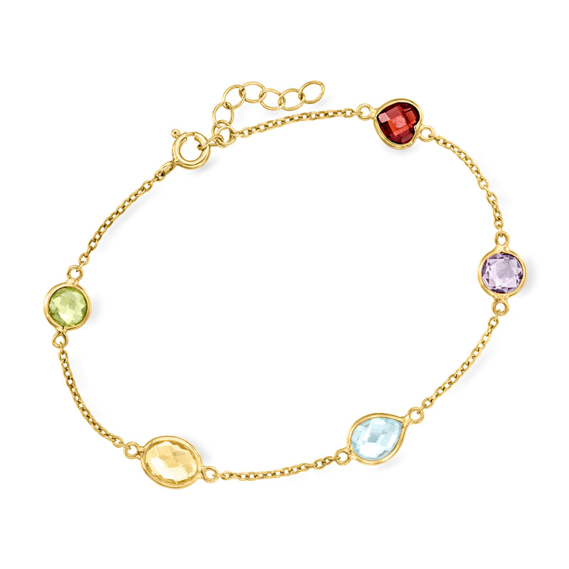 Gold-tone beaded link bracelet with five oval gemstones in green, red, purple, and blue