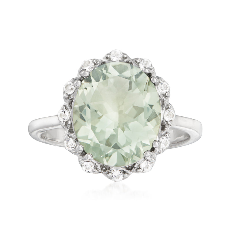 Sterling silver halo ring with light green oval prasiolite and clear white stones