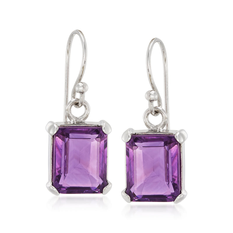 Sterling silver amethyst drop earrings with square-cut purple gemstones, earwire style