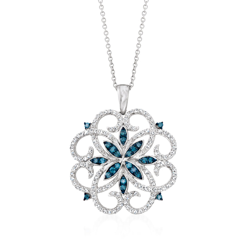 Sterling silver diamond medallion pendant necklace with blue stone accents
