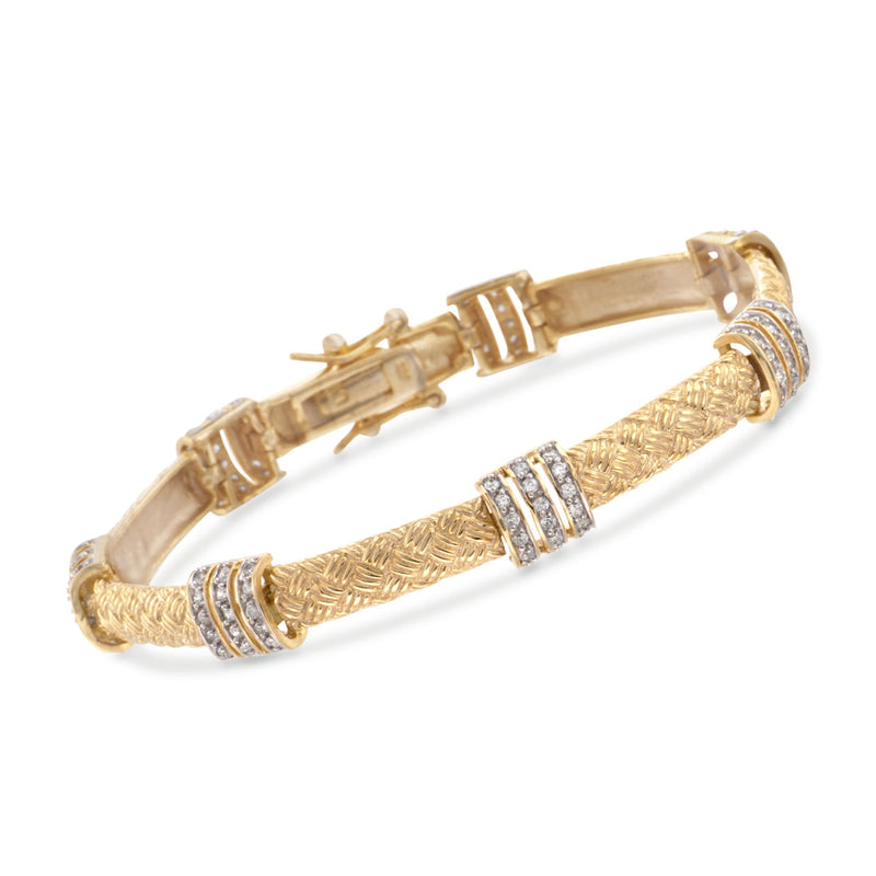 Gold-tone woven bar CZ bracelet with sparkling rectangular accents and hinged clasp