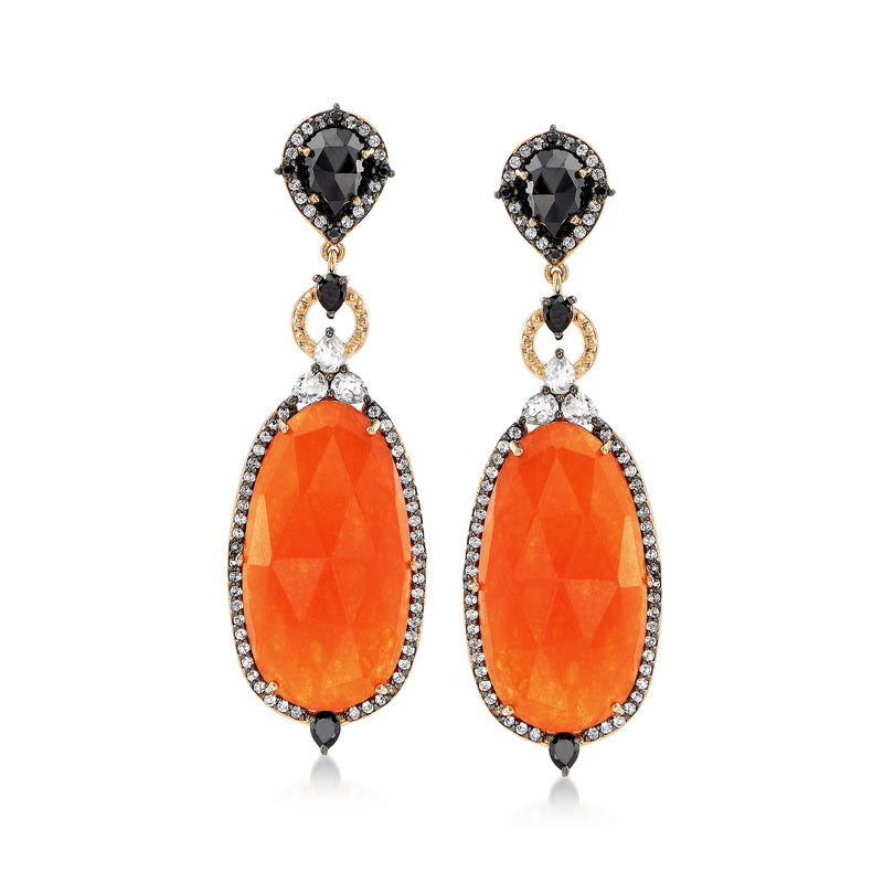 Gold drop earrings with oval orange quartz, black spinel accents, and clear teardrop stones