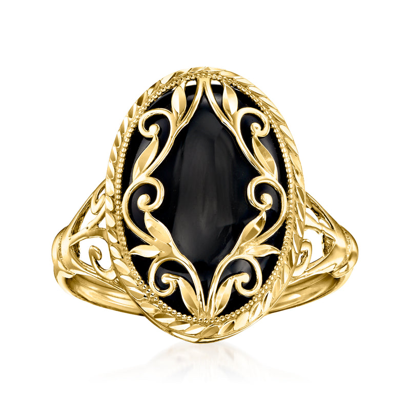 14kt yellow gold onyx scrollwork ring, oval black stone with filigree setting
