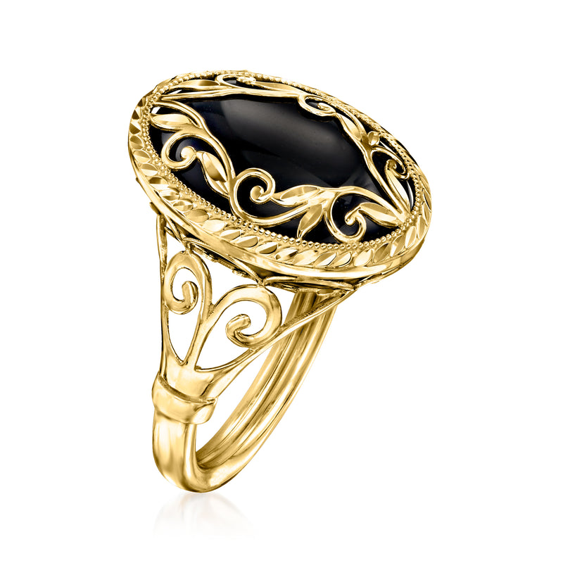14kt yellow gold onyx scrollwork ring, oval black stone with side gallery details