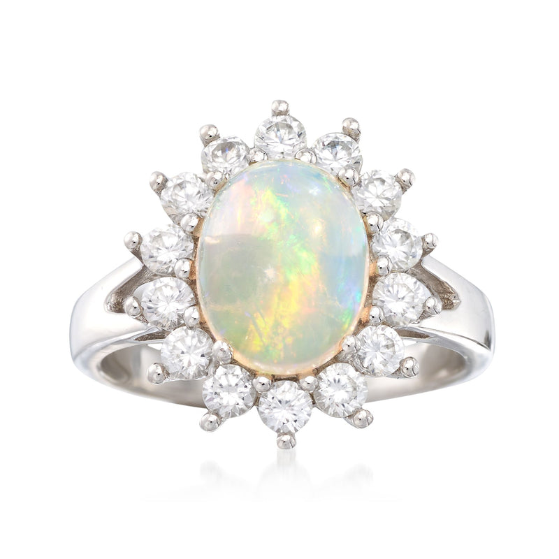 Sterling silver opal zircon ring with oval opal center and round zircon halos
