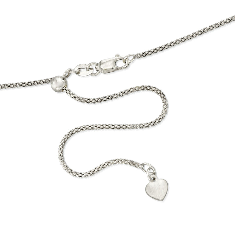 14kt white gold popcorn-chain necklace with adjustable clasp and heart charm