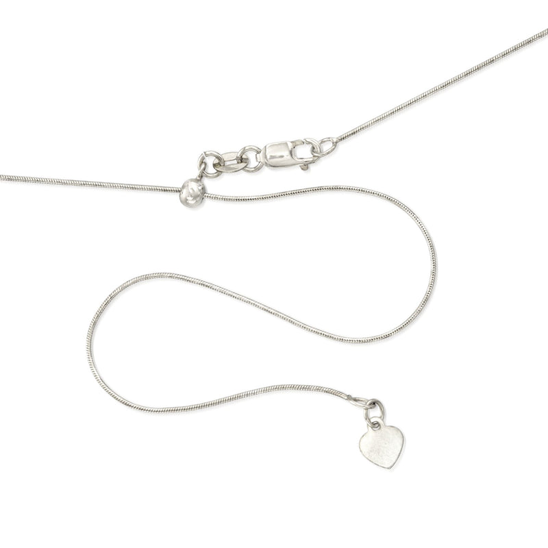 Adjustable white gold snake-chain necklace with heart charm and clasp rings