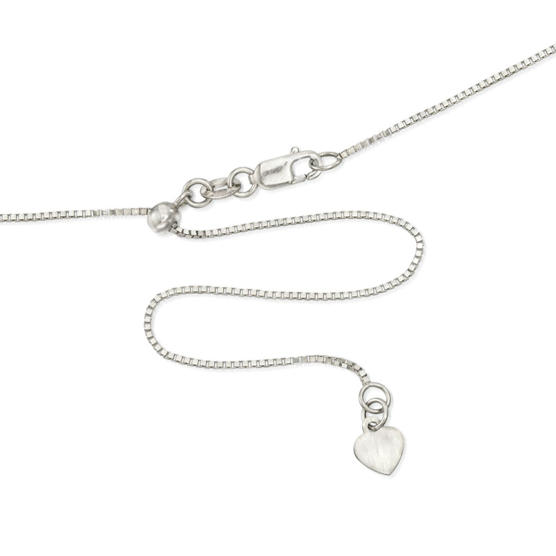 14kt white gold adjustable box-chain necklace with heart charm and clasp