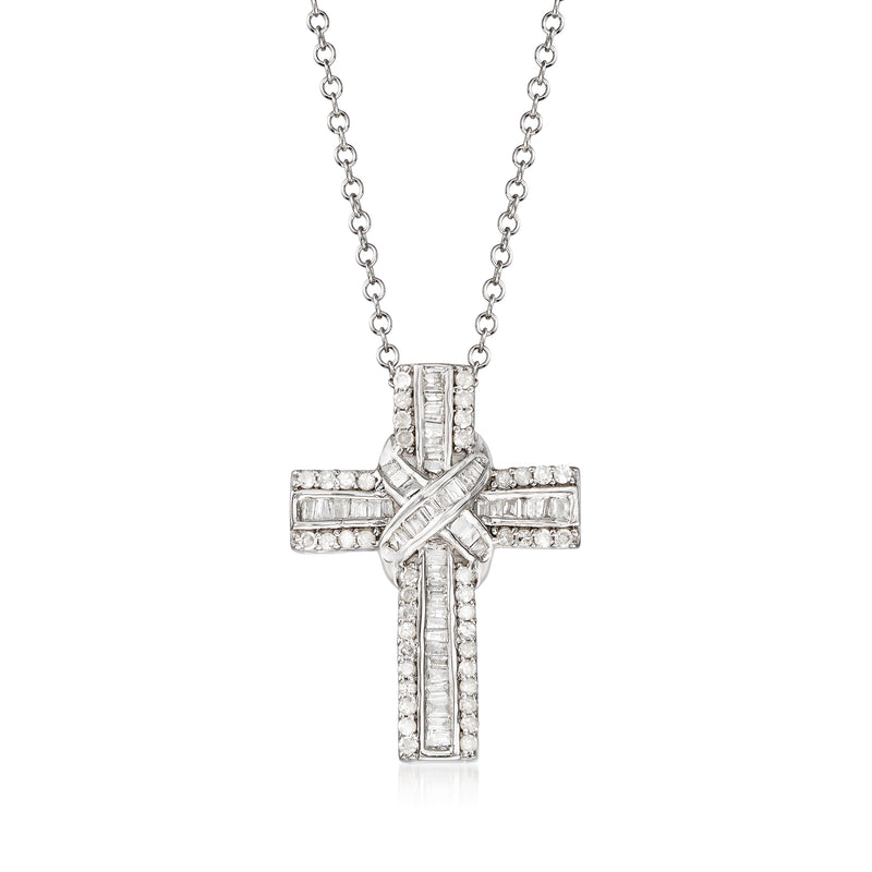 Sterling silver cross pendant necklace with baguette diamond accents