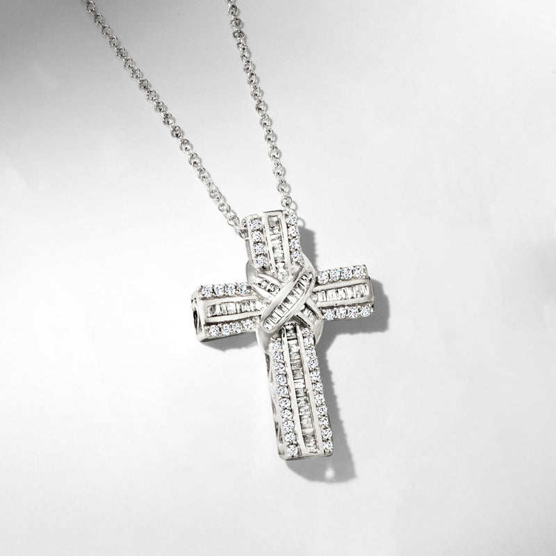 Sterling silver diamond cross pendant necklace with pavé accents