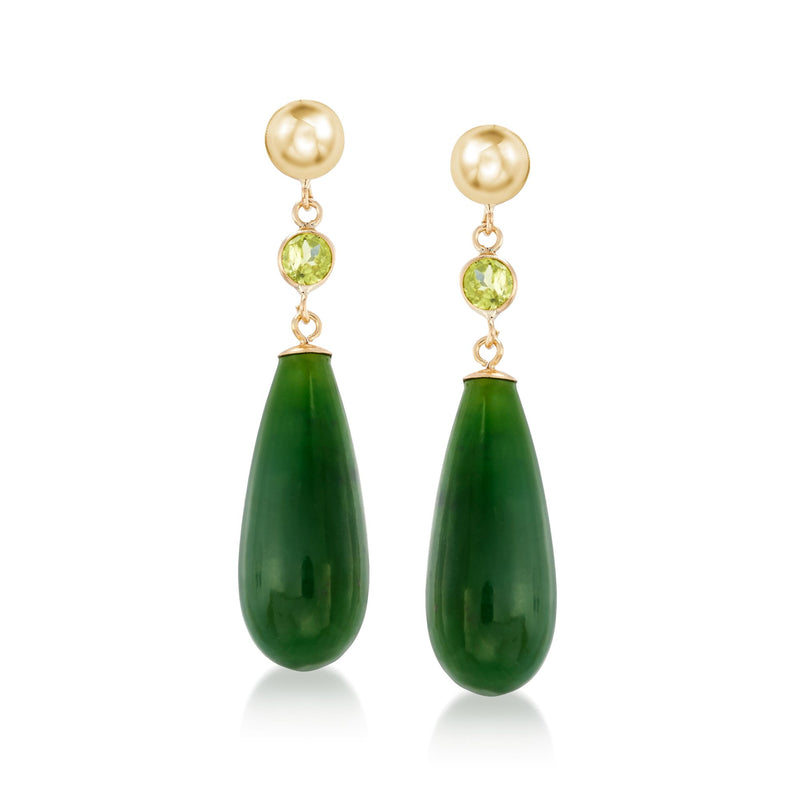 14kt yellow gold drop earrings with green peridot and jade teardrop dangles