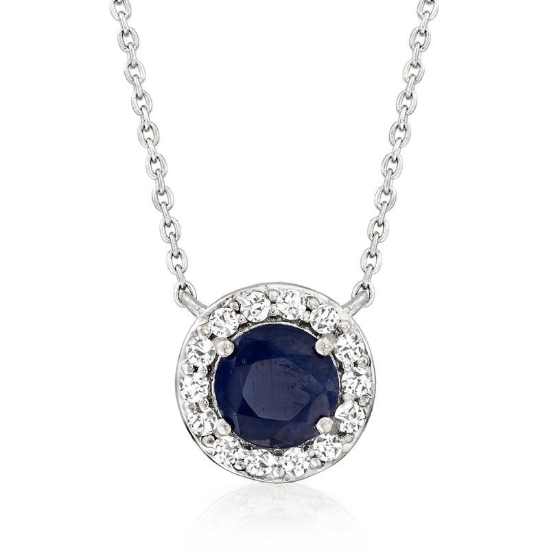 14kt white gold pendant necklace with round sapphire center and diamond halo