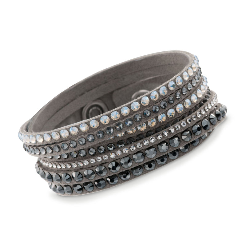 Swarovski crystal wrap bracelet with light gray suede and multicolored stone rows