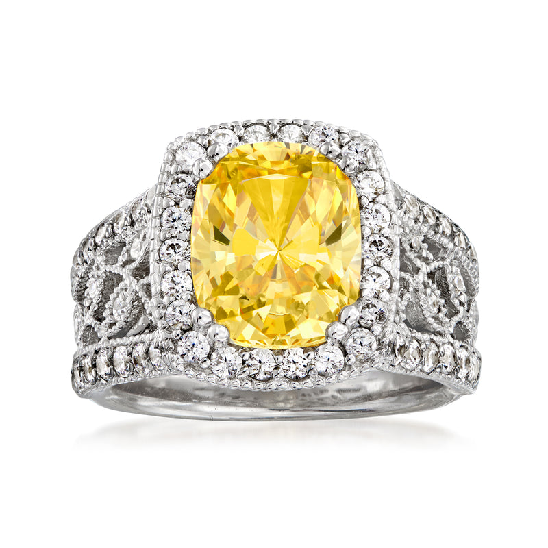 Sterling silver CZ floral ring with a large yellow cushion-cut centerpiece