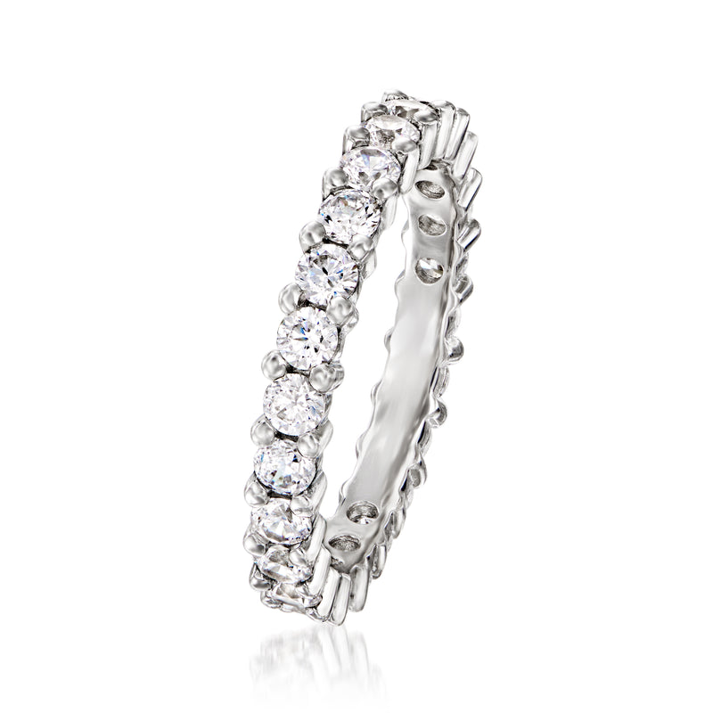 Sterling silver CZ eternity band, side view with round stones in prong settings