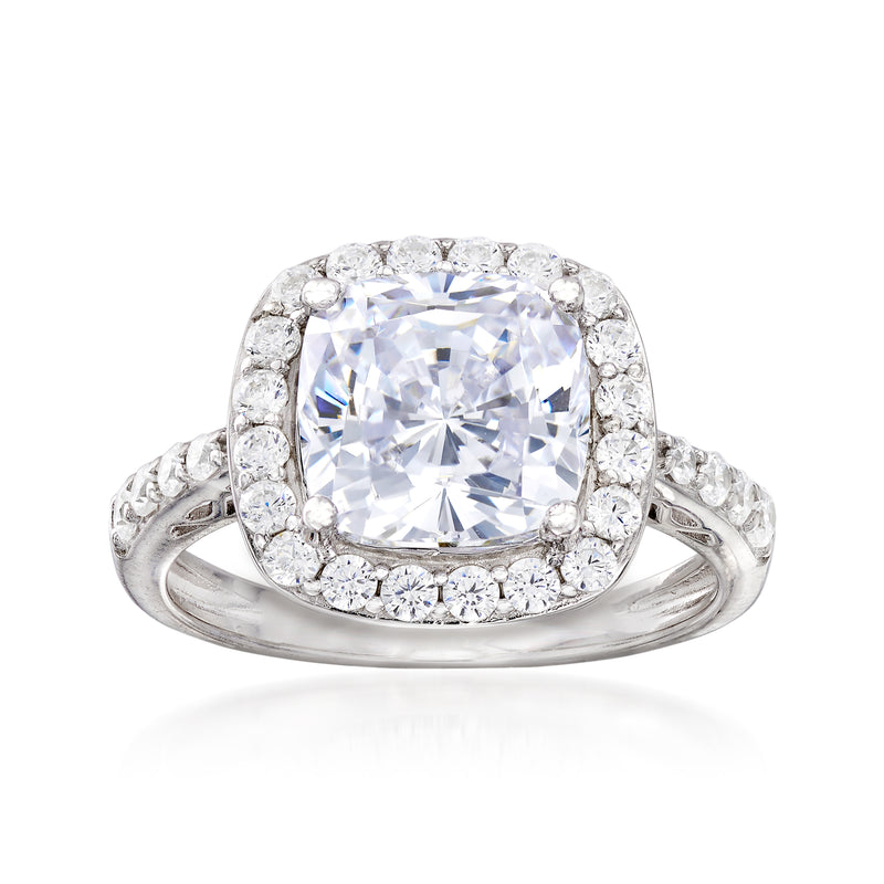 Sterling silver CZ ring with cushion-cut center stone and halo of small stones