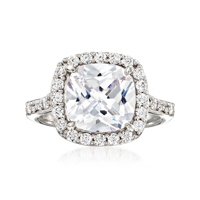 Sterling silver CZ halo ring with cushion-cut center stone and split shank