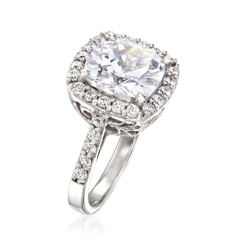 Sterling silver CZ halo ring with cushion-cut center stone viewed at an angle