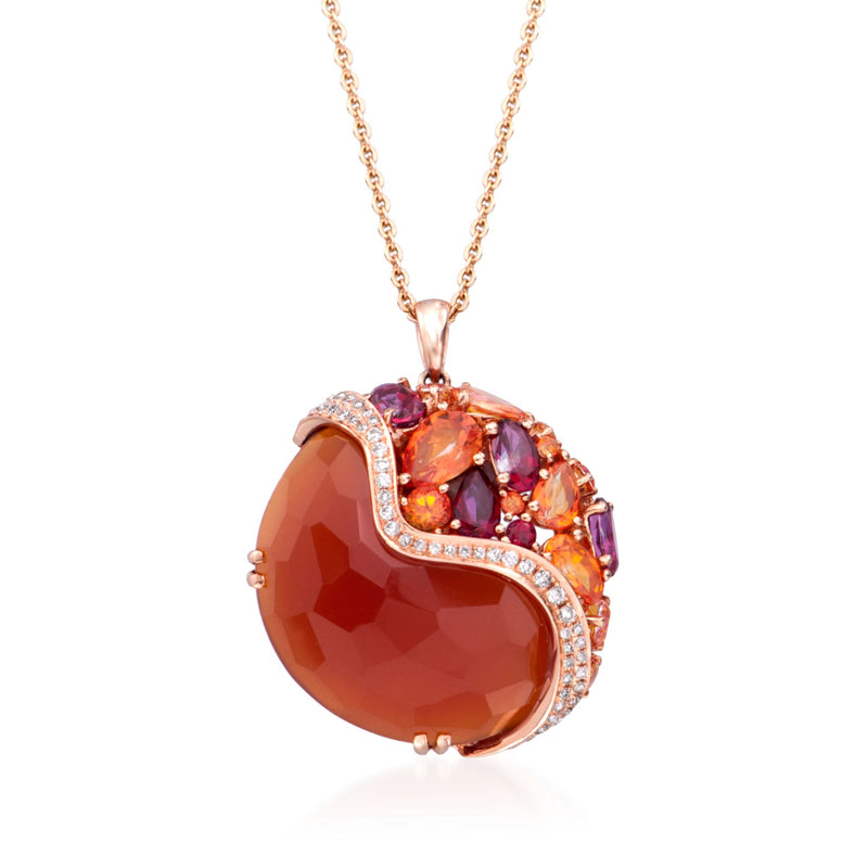 Rose gold necklace pendant with red agate heart, diamond halo and purple gemstone accents