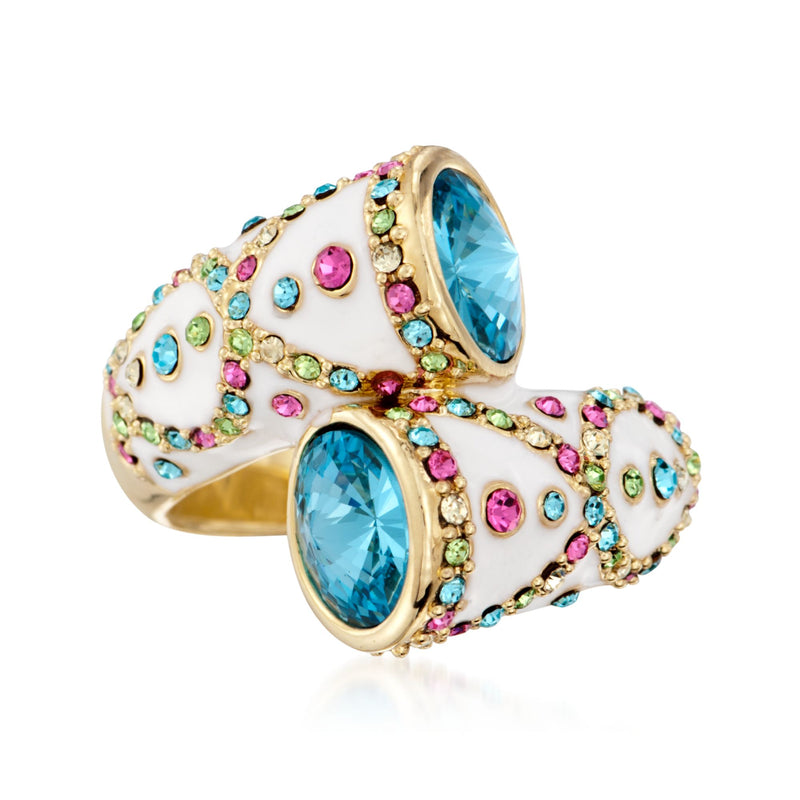 Multicolored crystal bypass ring with white enamel and gold-tone double oval settings