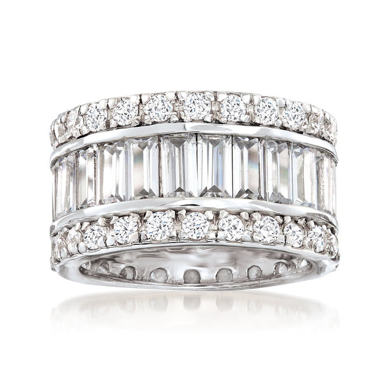 Sterling silver eternity band with baguette and round CZ stones, two rows