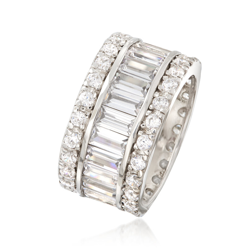 Sterling silver CZ eternity band with baguette center row and round side stones