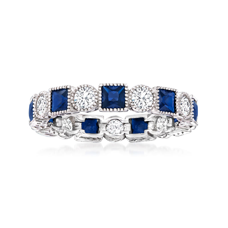 Sterling silver eternity band with alternating square blue stones and round clear CZ links