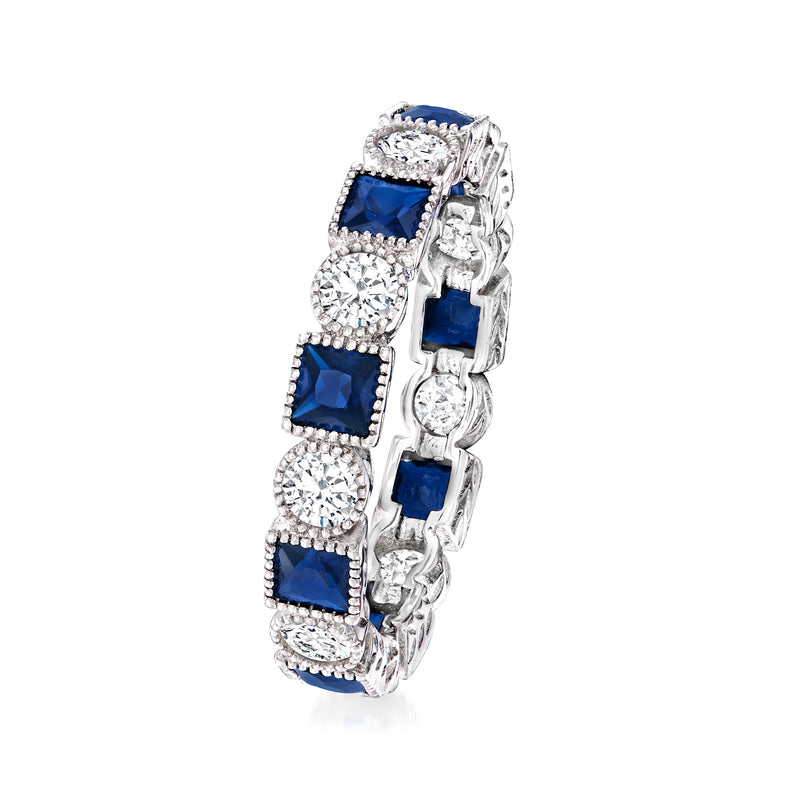 Sterling silver eternity band side view with square blue stones and round clear CZ accents