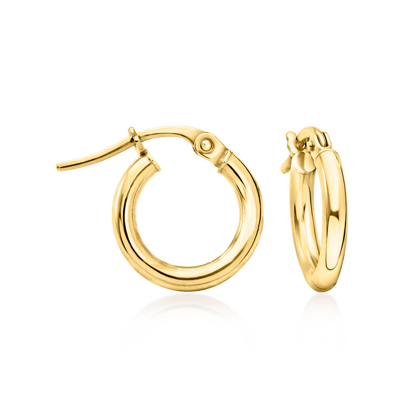 Small 14kt yellow gold hoop earrings with hinged clasp, polished finish