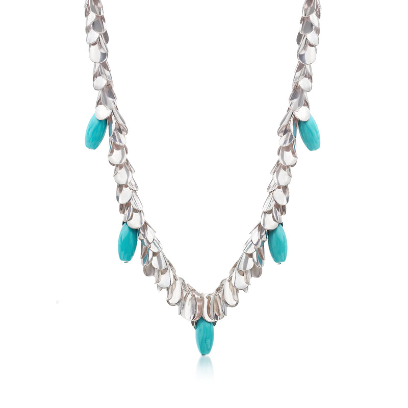 Turquoise-blue glass leaf necklace with silvertone chain and teardrop leaf pendants
