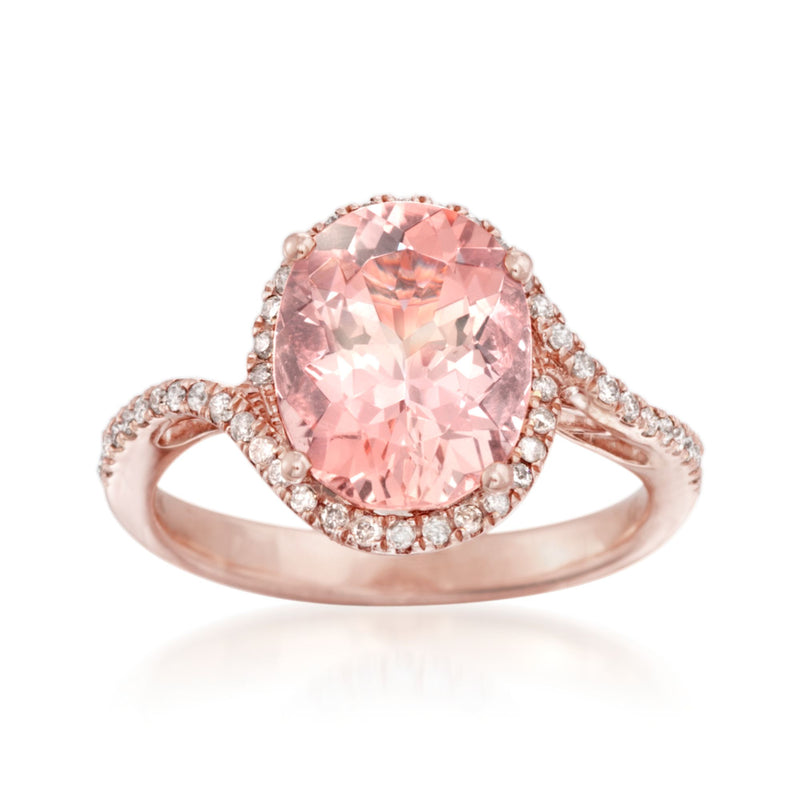 14kt rose gold morganite halo diamond ring with pink oval center stone
