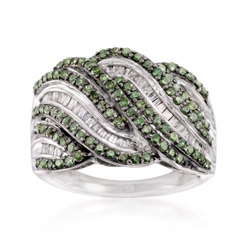 Sterling silver wave ring with green and white diamonds, curved layered bands