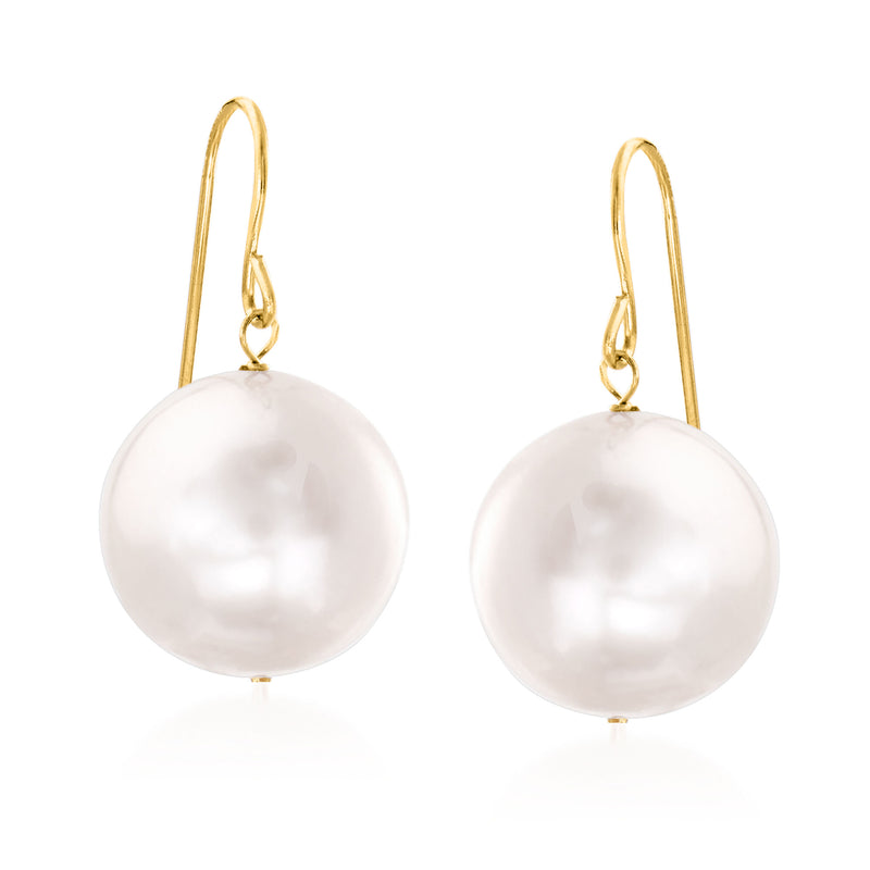 14kt yellow gold drop earrings with large white cultured pearl spheres