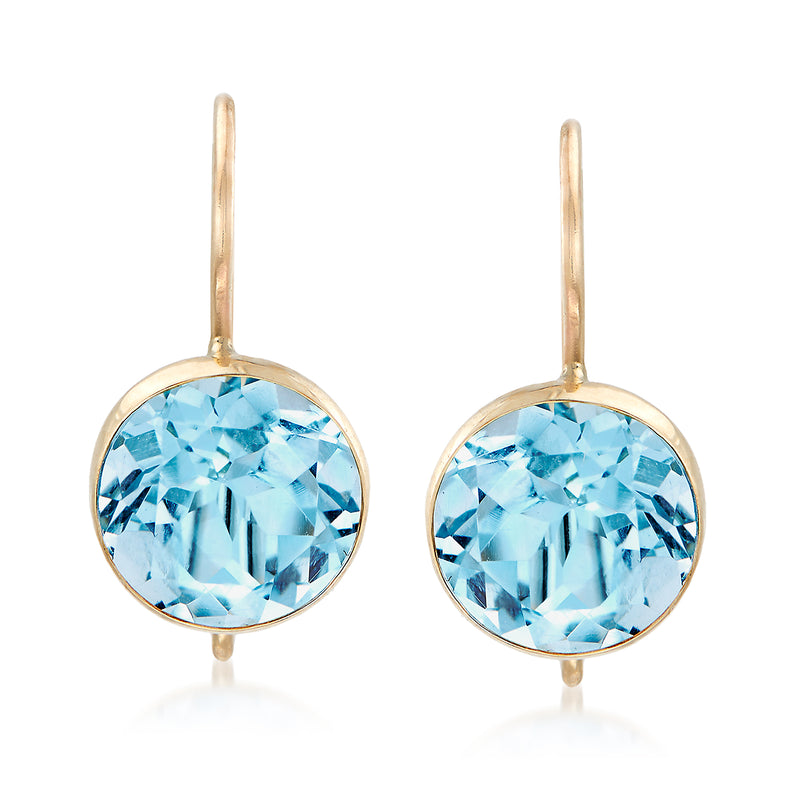 14k yellow gold round bezel-set sky blue topaz drop earrings with earwires