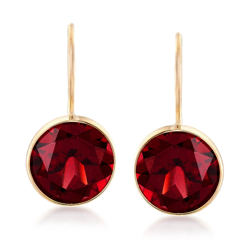 Yellow gold bezel-set garnet drop earrings with round red gemstone, earwire style
